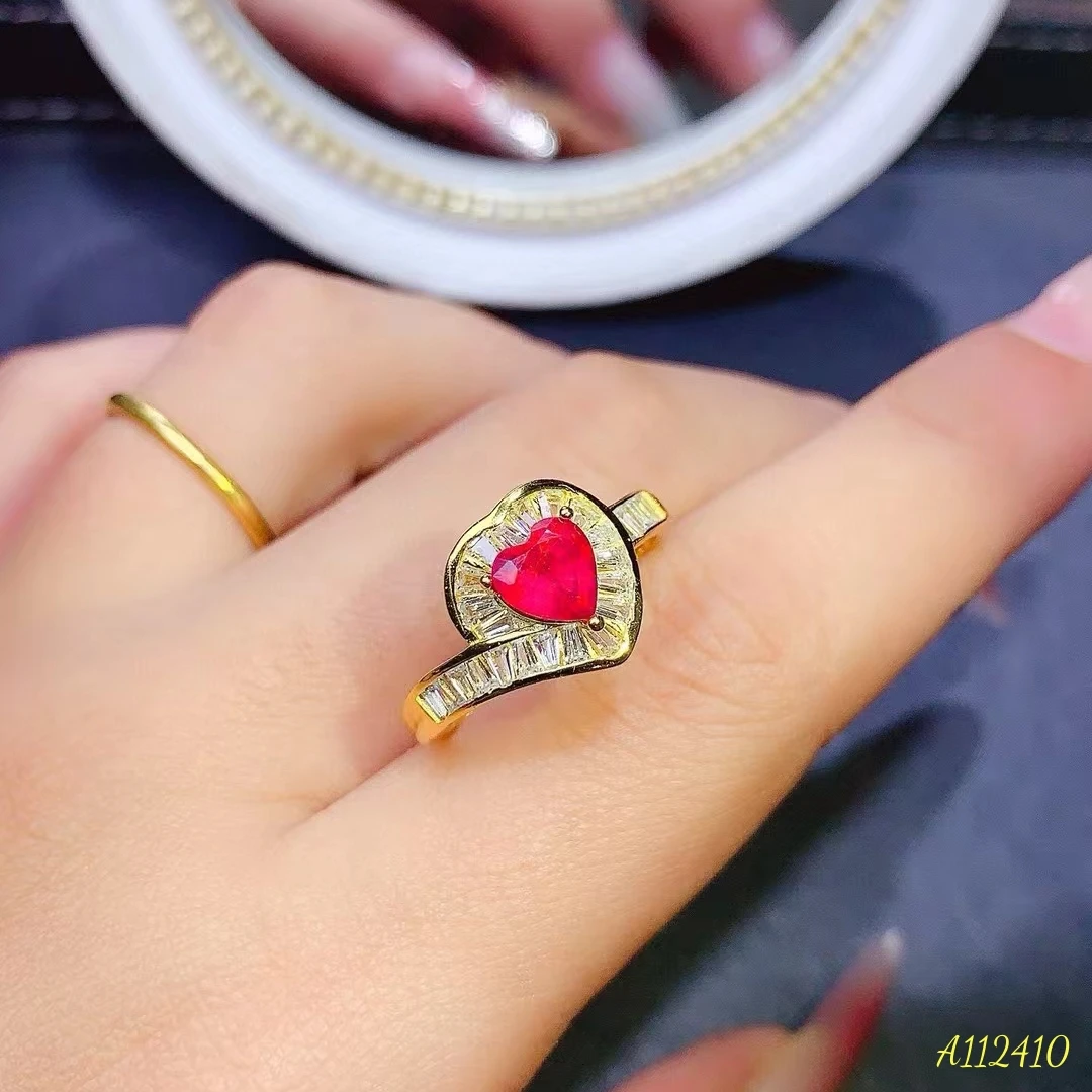 Myanmar Newly Burned Natural Ruby Women's Ring Heart-shaped Desigh S925 Pure Silver Inlaid Full Clarity Gem Support Testing