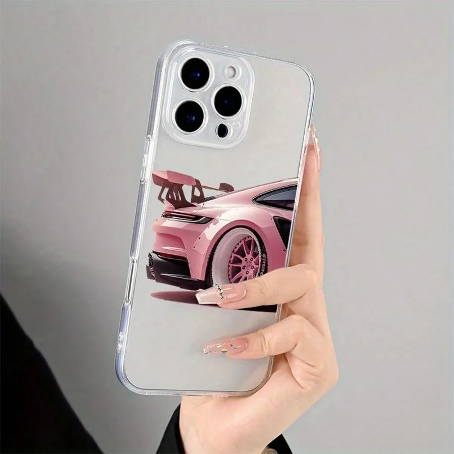 Pink Car Pattern Transparent Phone Case For iPhone 17 16 11 13 12 14 15 Pro Max XS X XR 7 8 Plus 16E 17Air Shockproof Soft Cover
