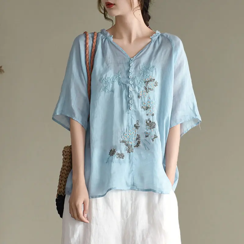 Summer New V-neck Embroidery Loose Casual Blouse Ladies Short Sleeve Fashion Cotton Top Women Oversized Comfortable Sweet Shirt