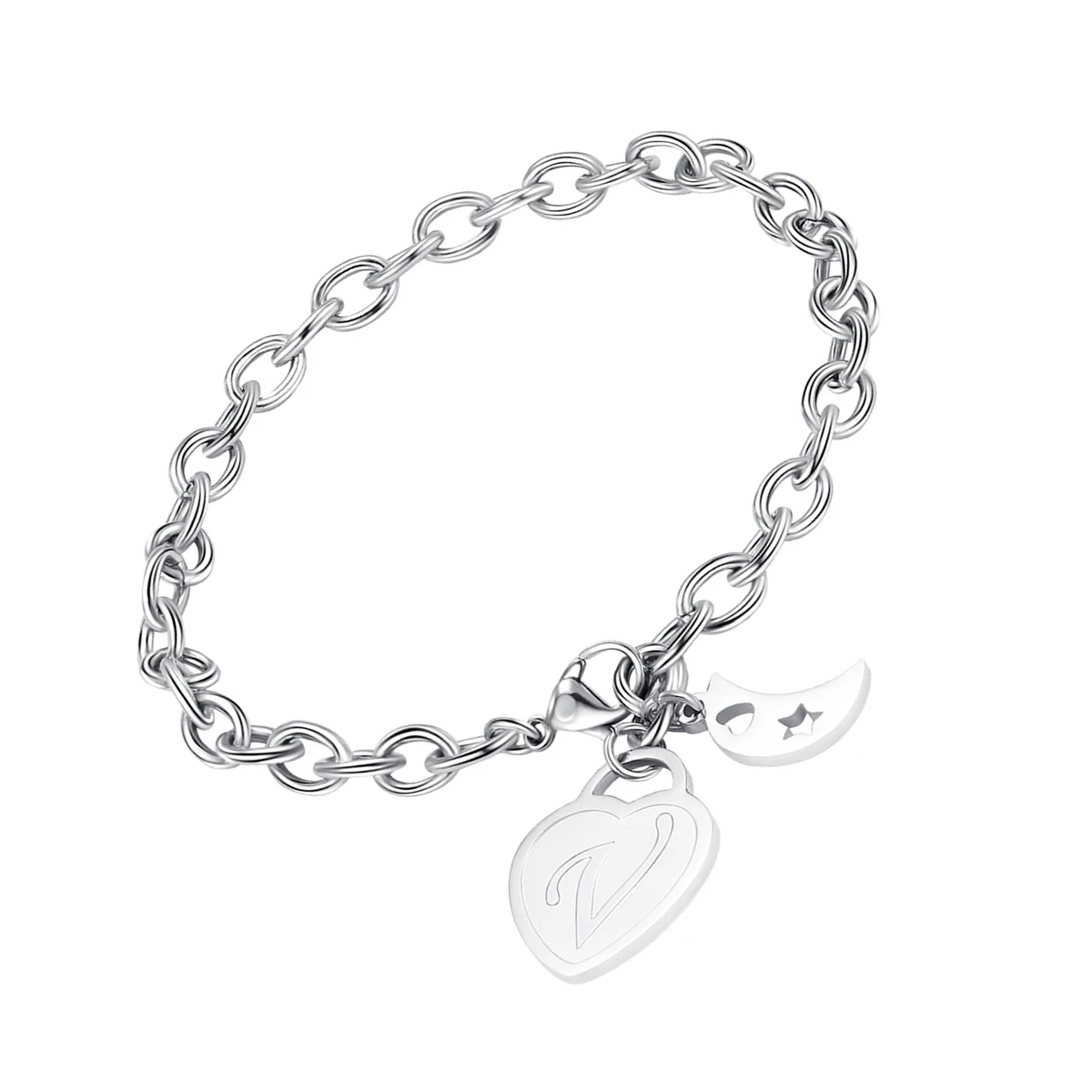 

1Pcs English Alphabet Letter Bracelet Stainless Steel Moon Heart Charm Dainty Initial Bangle for Women Girls Teens Birthday