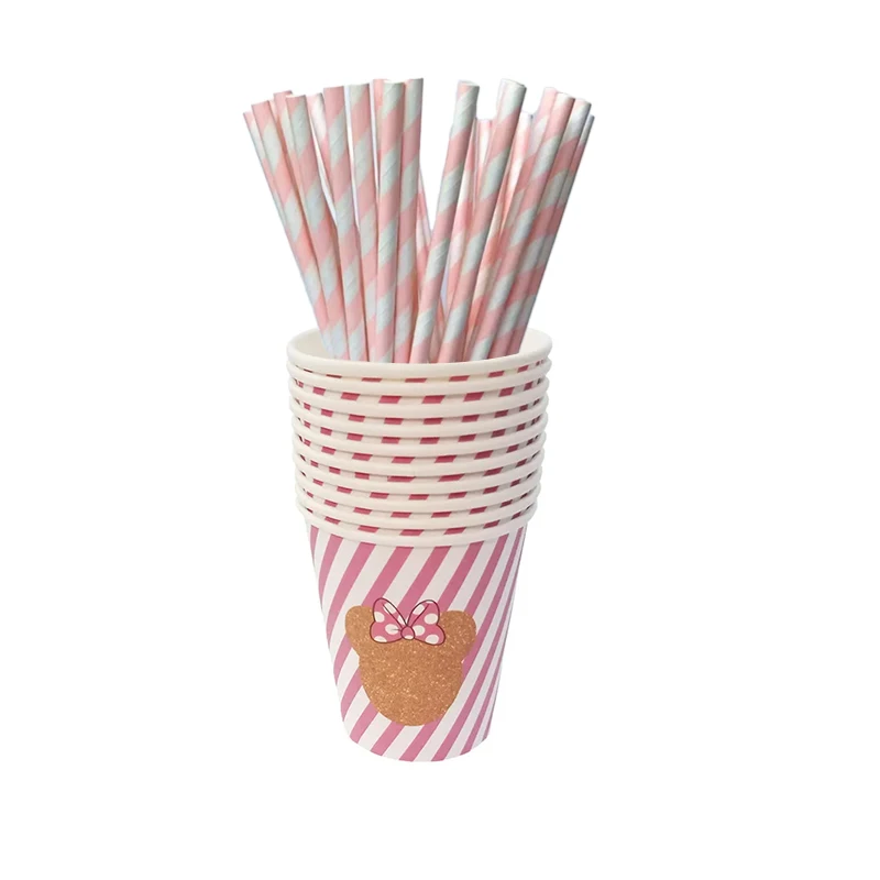 For 10 People Disney Minnie Themed Party Tableware Disposable Paper Cups Paper Plates Paper Straws Napkins Party Tabletop Decora