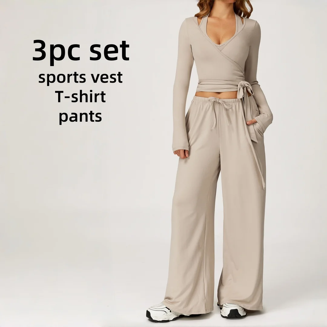 

Комплект для йоги с высокой талией Персиковые бедра с открытой спиной Быстросохнущие брюки Костюмы с длинными рукавами Повседневная одежда для бега и тренировок Спортивный жилет для спортзала Комплект