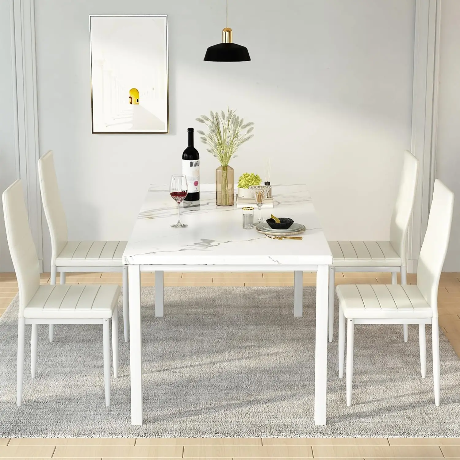 Dining Table Set for 4, Marble Kitchen Table and Chairs for 4, Comfortable PU Leather Chairs,Dining RoomTable Set for Small