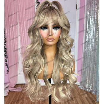 Lunghi ondulati biondo cenere chiaro frangia dei capelli umani 13x6 parrucche anteriori in pizzo Glueless parrucche trasparenti in pizzo frangia naturale linea sottile Remy