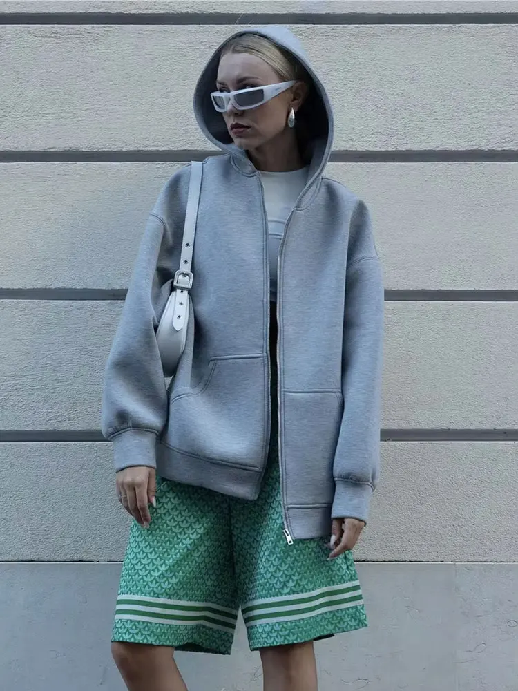 

HH весна осень женские повседневные уличные свободные толстовки оверсайз с капюшоном на молнии куртка пальто однотонная женская верхняя одежда топ