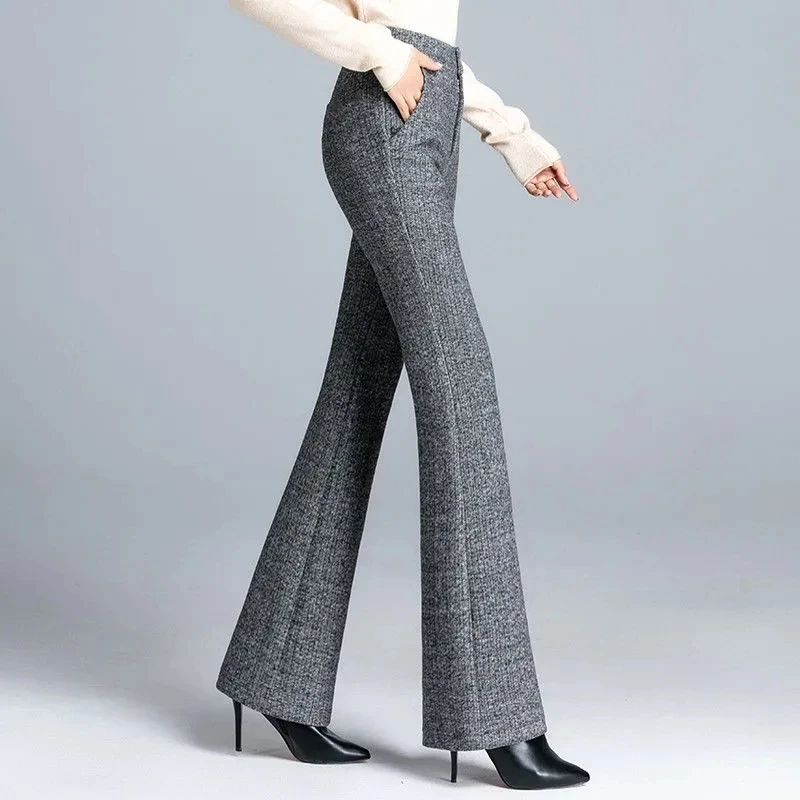 

Woolen Cloth Flared Pants Women Autumn Winter Korean Fashion High-waist Casual Suit Trousers Pocket Pantalon Pour Femme