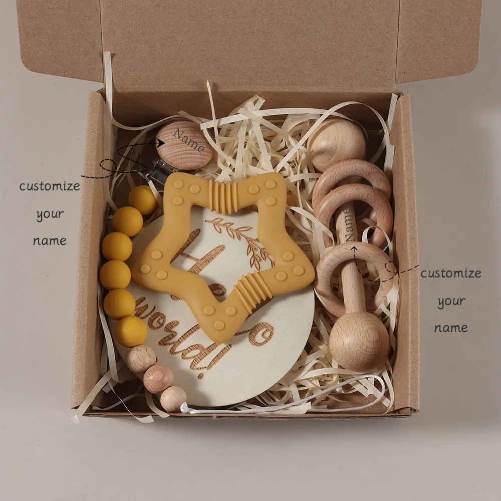 Baby Gift Set Gift Box Silicone Teether Wooden Rattle Pacifier Chain Milestone Baby Essentials