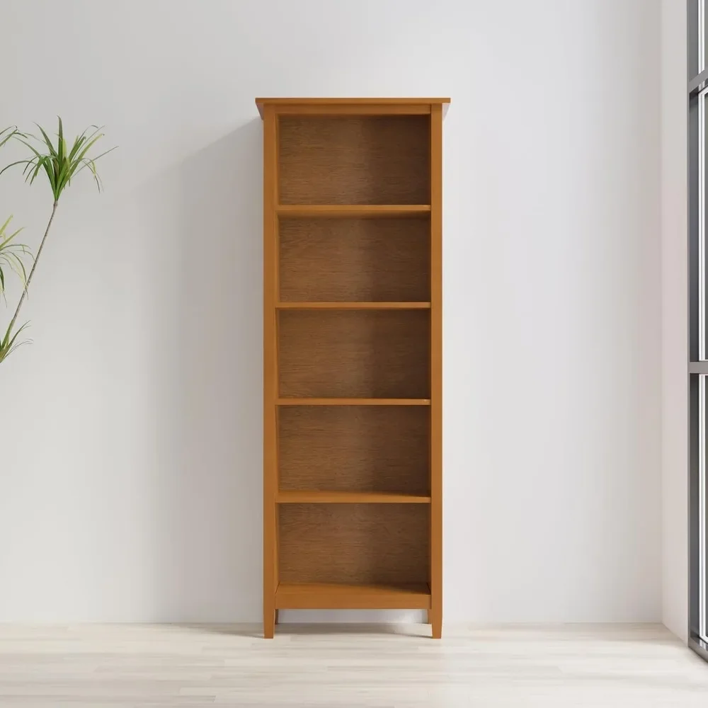 Warm Shaker Solid Wood Transitional 5 Shelf Bookcase for The Living, Study Room and Office, 26 inch, Light Golden Brown