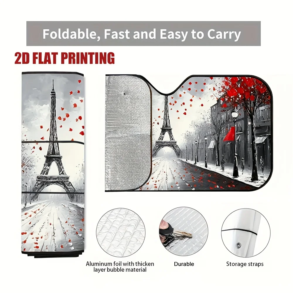 Paris Elysee Tower 2D Flat Foldable Sunshade, Car Essential For Parking Use, Travel Accessory, 1pc Bubble Aluminum Film Windshie