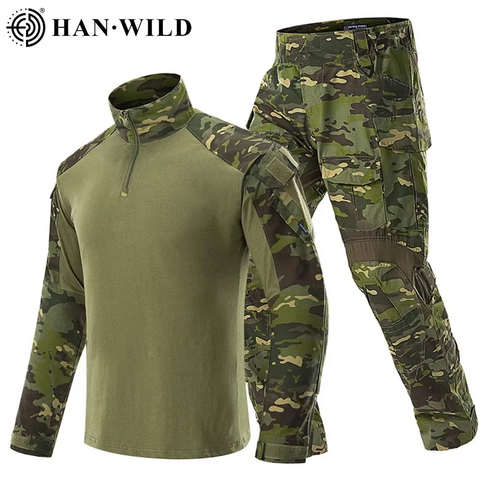 HAN WILD Hunting Suit Camouflage Tactical Uniform G3 Army Combat Sets Airsoft Paintball Multicam Cargo Pant T-shirts with 4 Pads