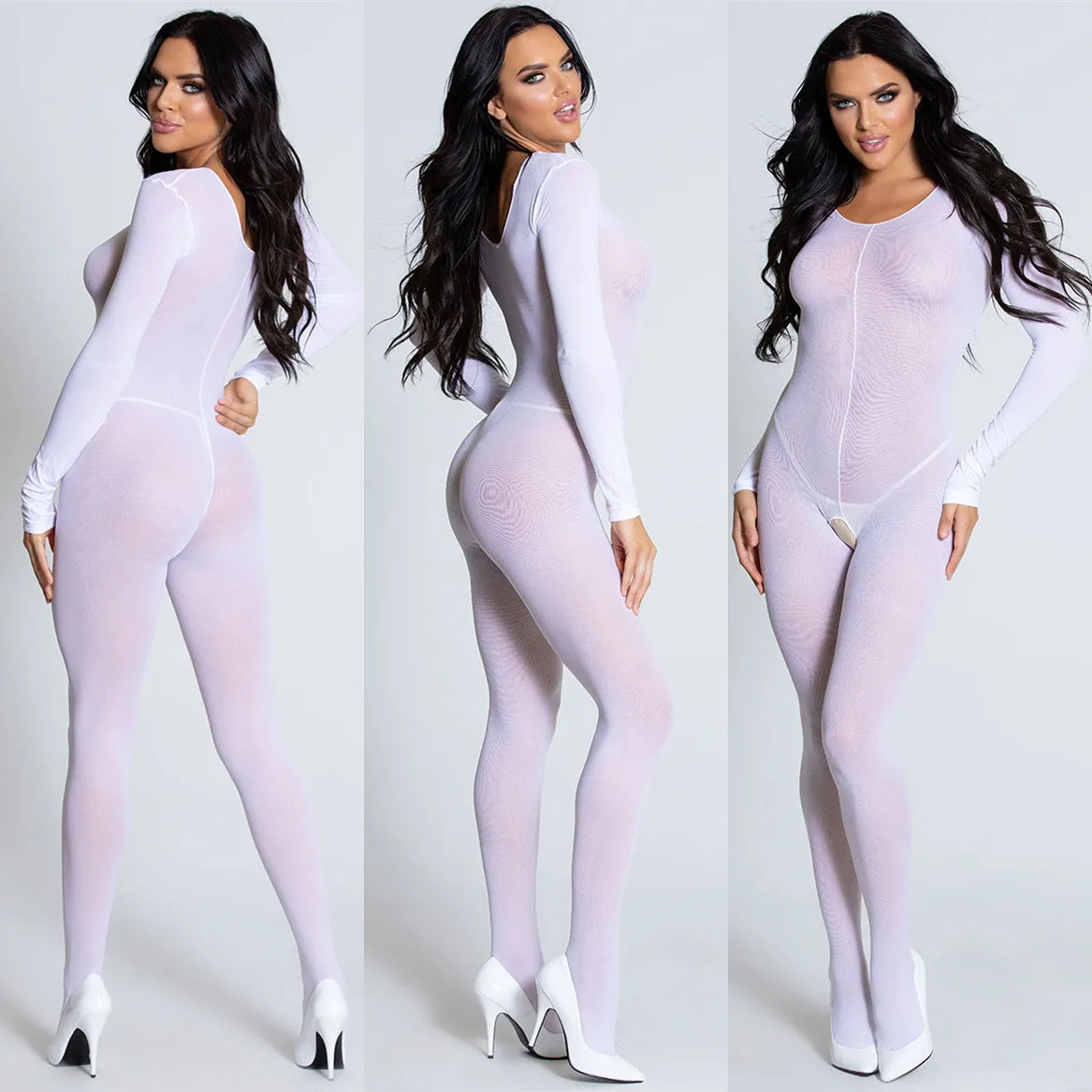 Erotic Lingerie Bodysuit Women Bodystocking Crotchless White Transparente Sexy Underwear Costumes Lenceria Catsuit Body Suit T18