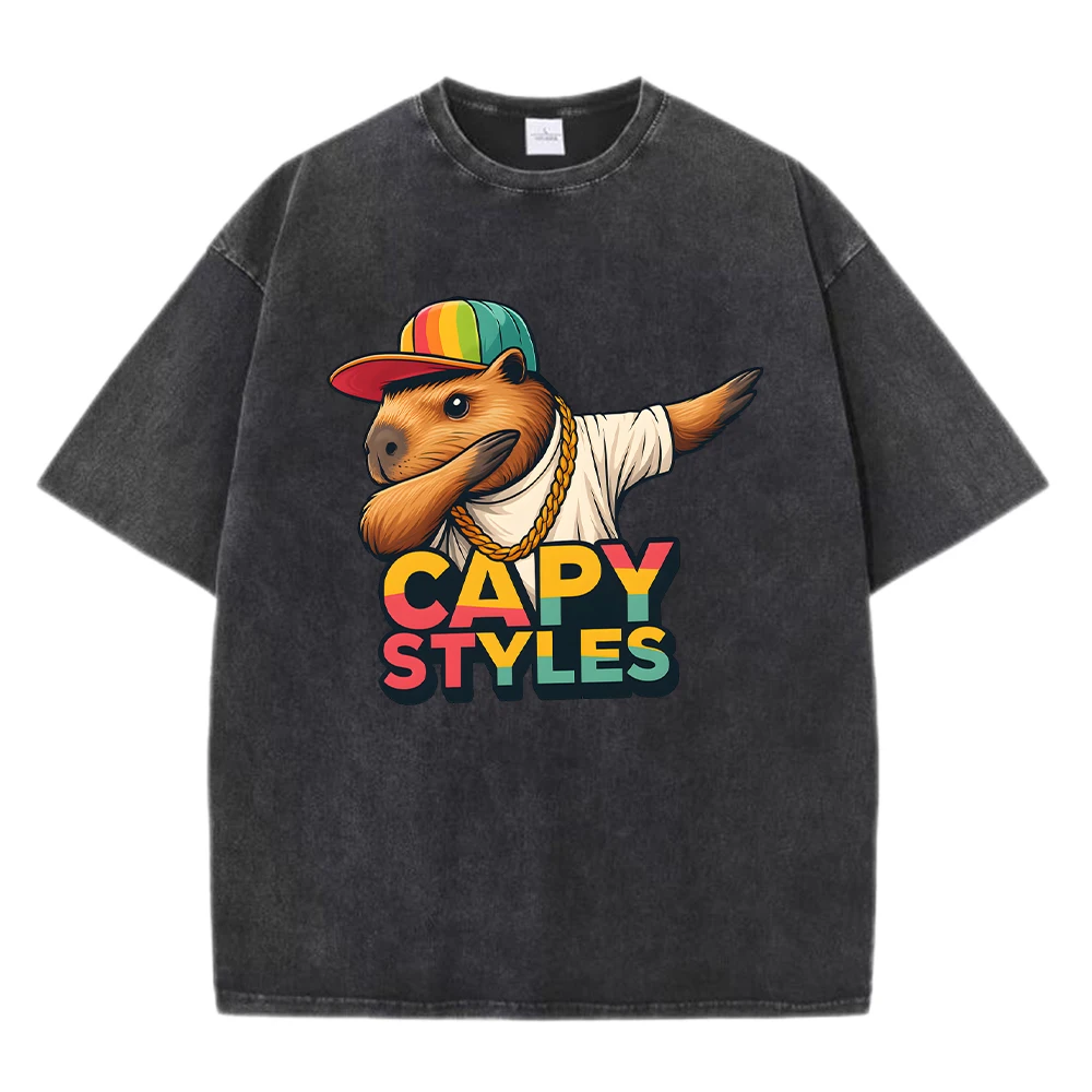 

Capy Styles Hip Hop Otter Printed Man'S Washed T Shirt Summer O-Neck Tops Loose Soft Short Sleeve Cotton Clothes Casual T-Shirt