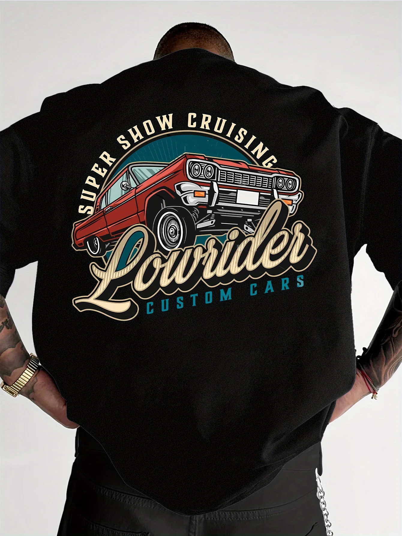 Men's Retro Lowrider Graphic T-Shirt Cotton Casual Short Sleeve Tee with Vintage Car Design Ribbed Collar for Summer Streetwear