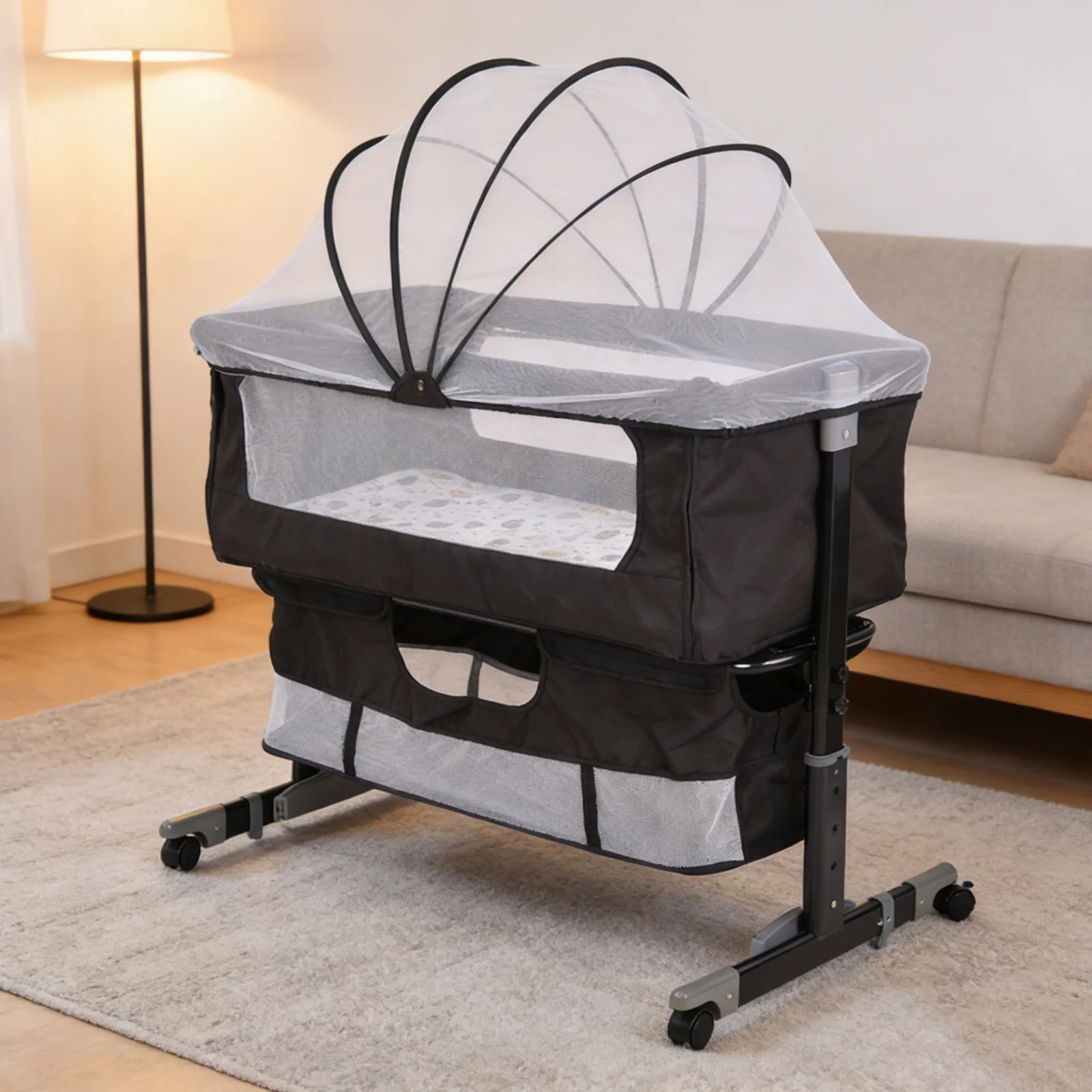 Lit cododo 3-en-1 pour bébé avec matelas, lit bébé, berceau pliant pour nouveau-né avec hauteur réglable, inclinaison et roulettes avec frein