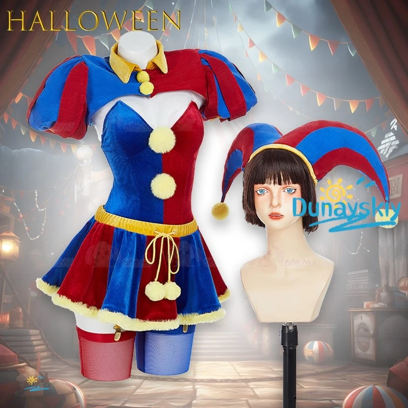 

Women s Magical Circus Joker Girl Cosplay Costume Halloween Fan Outfit Anime Bodysuit Mini Skirt with Gloves Hat Halloween