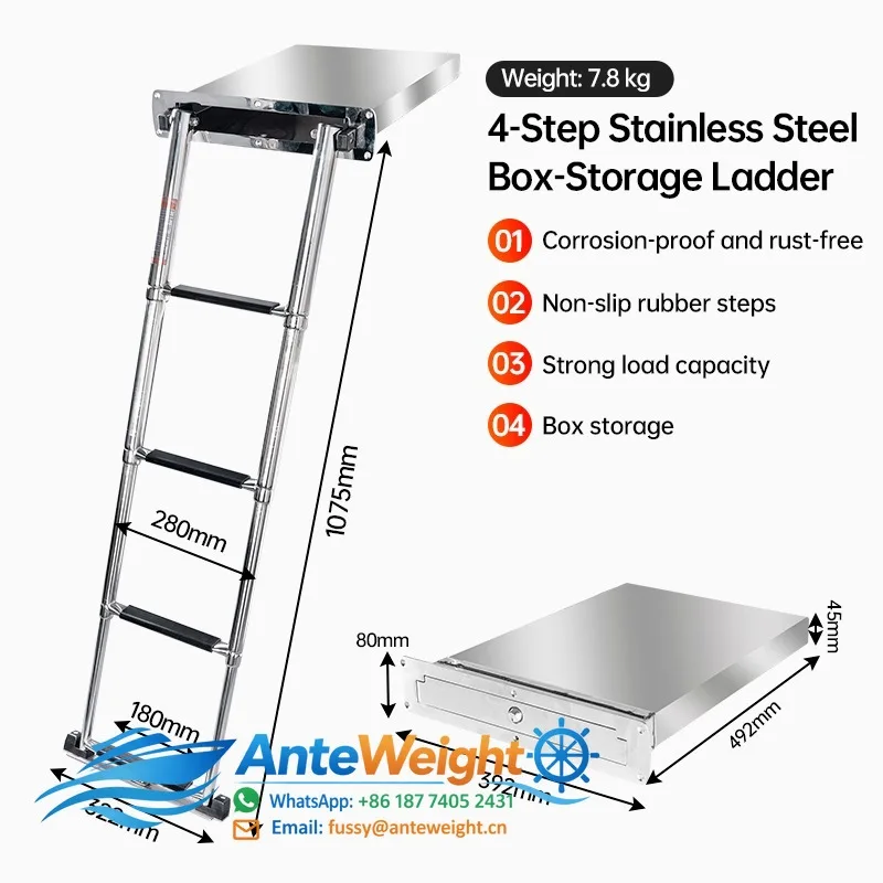 Stainless Steel 4-Step Telescoping Boat Ladder with Recessed Storage Box, Hidden Marine Swim Ladder with Anti-Slip Steps