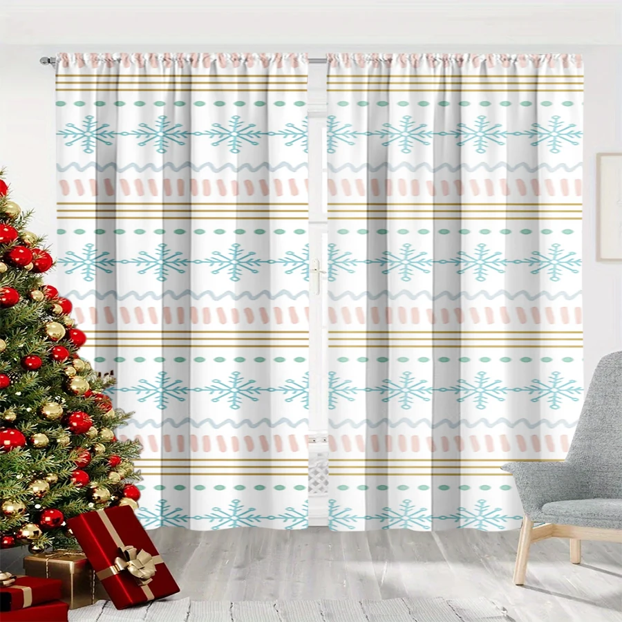 2PCS Christmas Winter Curtains, Pastel Fair Isle Knit Snowflake Geometric, Digital Print, Bedroom Living Room, Home Decor