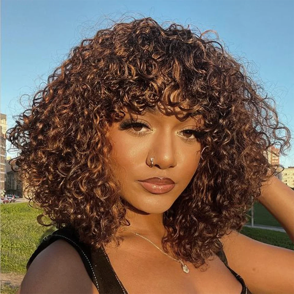 Highlight Jerry Curly Bob With Bangs Short Pixie Cut Curly Human Hair Wig Water Wave Wear To Go Wigs Full Machine Natural Black