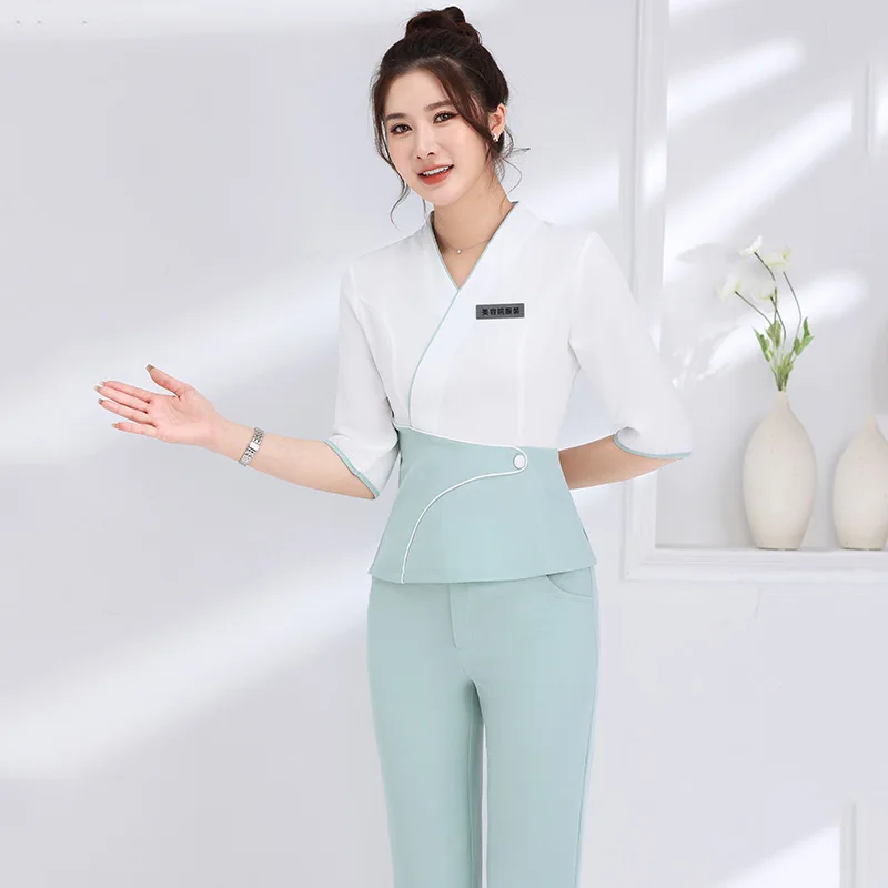 Korean Style Salon Female Spring And Autumn Work Blouse+Pants Set Hospital Front Desk Staff Workwear SPA Beauty Uniform