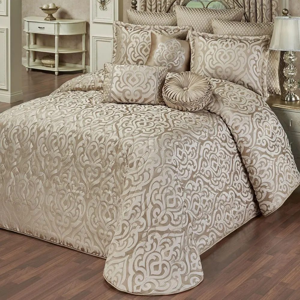 

Luxury Bedding Neutral Sand and Beige Colors Elegant JacquardWoven PuffTextured Scrollwork Medallions 3 Piece Bedding Set Inclu