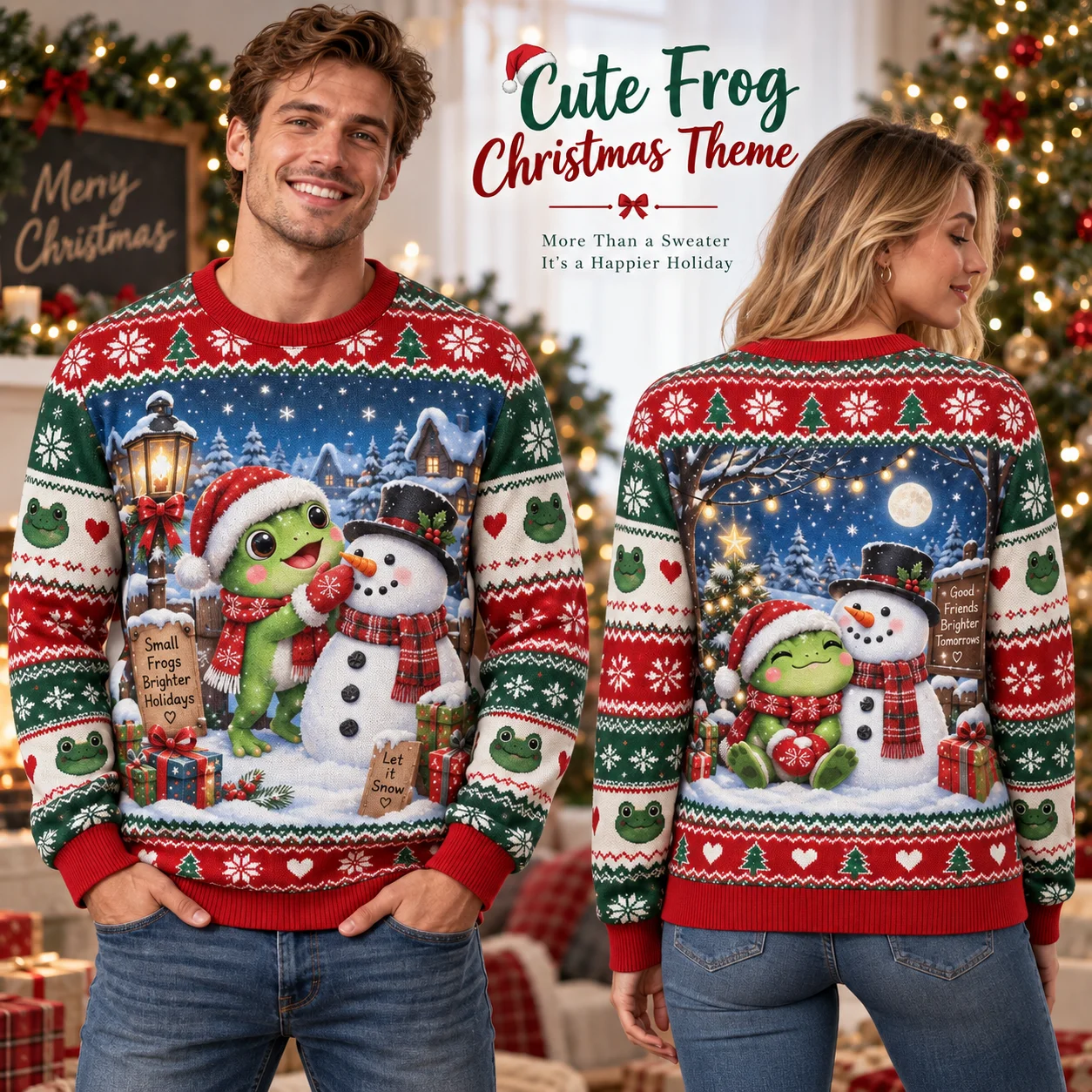 Cute Frog Ugly Christmas Sweater For Men Women, Snowman Holiday Sweaters, Winter Village Xmas Party Outfit Clothing
