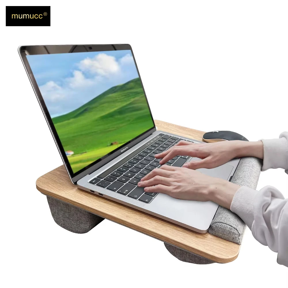 Mumucc Wooden Suspended Bed Study Table, Portable 15 Inch Laptop Desk With Handle, Sponge Cushion AND ABS Slot,Black,Khaki,Brown