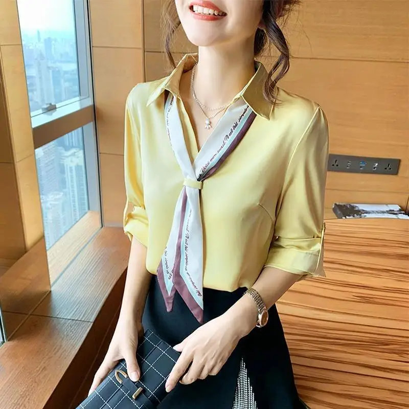 Elegant Chic Bow Tie Office Lady Business Casual Shirts Spring Autumn Fashion V Neck Long Sleeve Chiffon Top Blouse Women Blusas