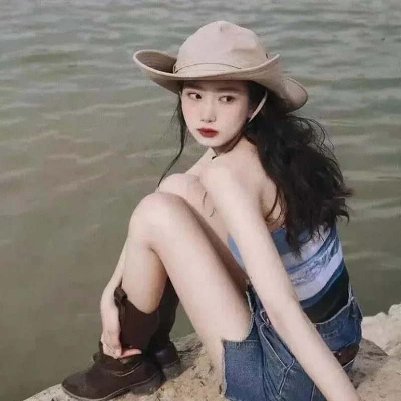 2024 Nieuwe Mode Zomer Emmer Hoed Cowboy Mannen Outdoor Vissen Wandelen Strand Hoeden Mesh Ademend Anti UV Zonnehoed Grote Brede Rand