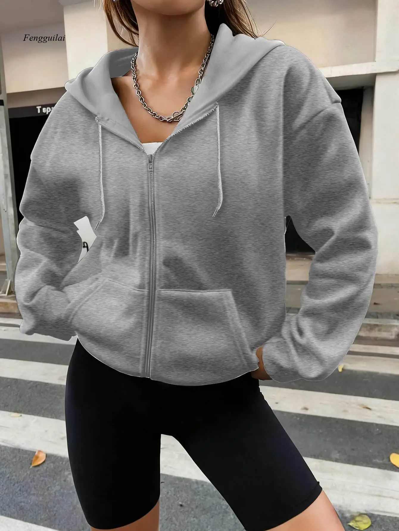 Felpa con cappuccio con zip e stampa natalizia |   Felpa casual a maniche lunghe con tasca per l'autunno e l'inverno