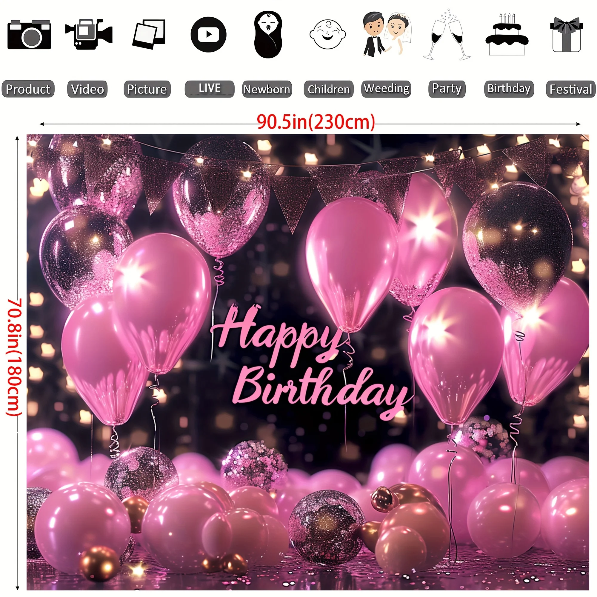 Pink and gold Happy Birthday background, sparkling black and rose gold party decorations, holiday birthday photography