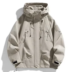 Windbreakers Men Hooded Jacket Zipper Coat Cargo Waterproof Black Bomber Camping Loose Thin Softshell Hooded Hiking Jacket