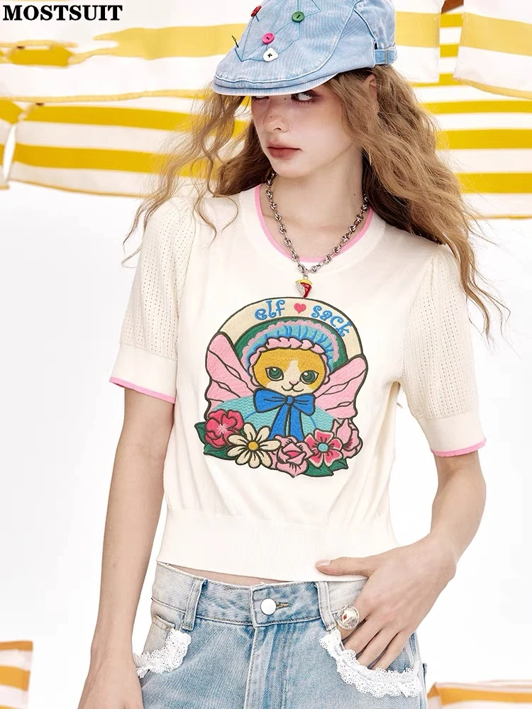 

Stylish Chic Knit Sweater Tees Women 2025 Summer Short Sleeve O-neck Tops Knitwear Streetwear Fashion Elegant Ladies Jumpers