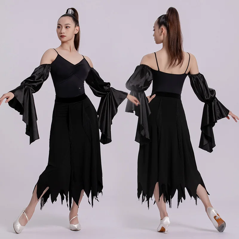 فستان رقص أسود قياسي قاعة الرقص الحديث أداء الملابس قبالة الكتف قاعة الرقص زي ارتداءها تنورة 2585