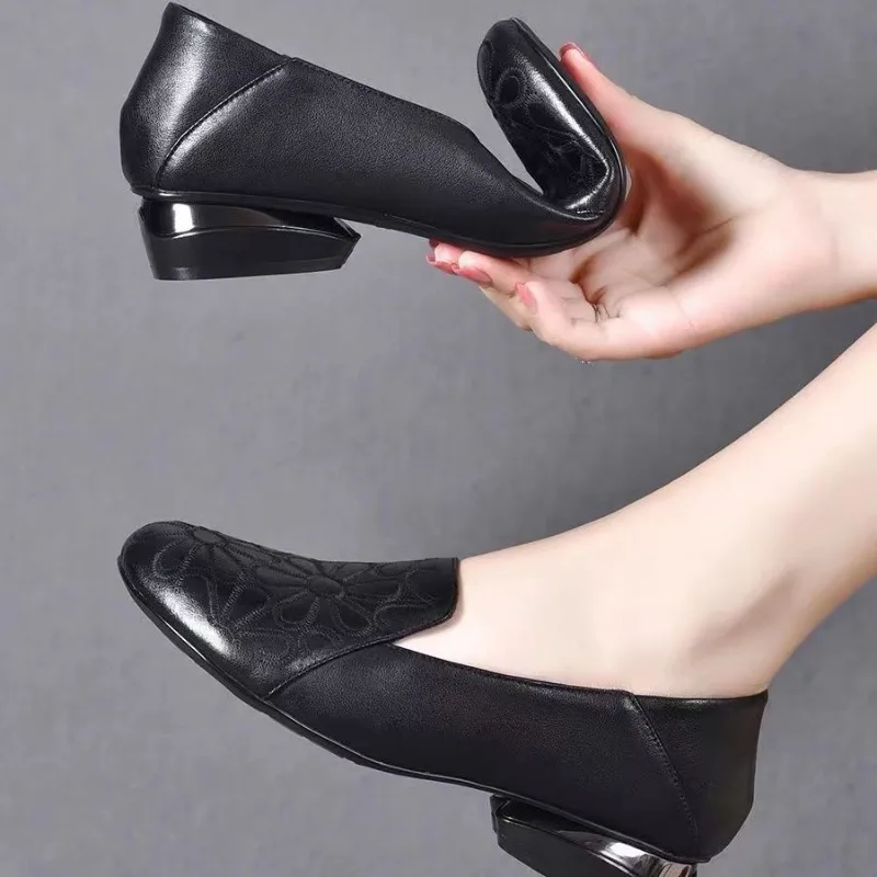 New 2024 Mid Heel Casual Women Heels Wedding Hollow Out Black Square Heel Formal Shoes Work Lady Fall Zapatilla Mujer Size 41
