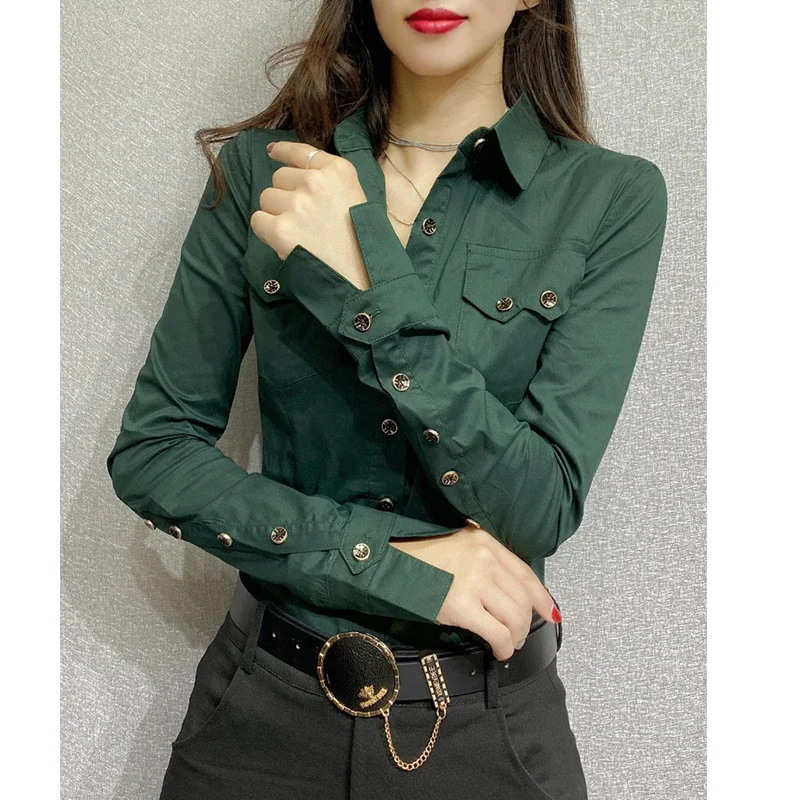 

2025 New Fall Winter European Clothes Green Shirts Office Lady Pocket Blouses Chic Sexy Button Up Women Long Sleeve Tops