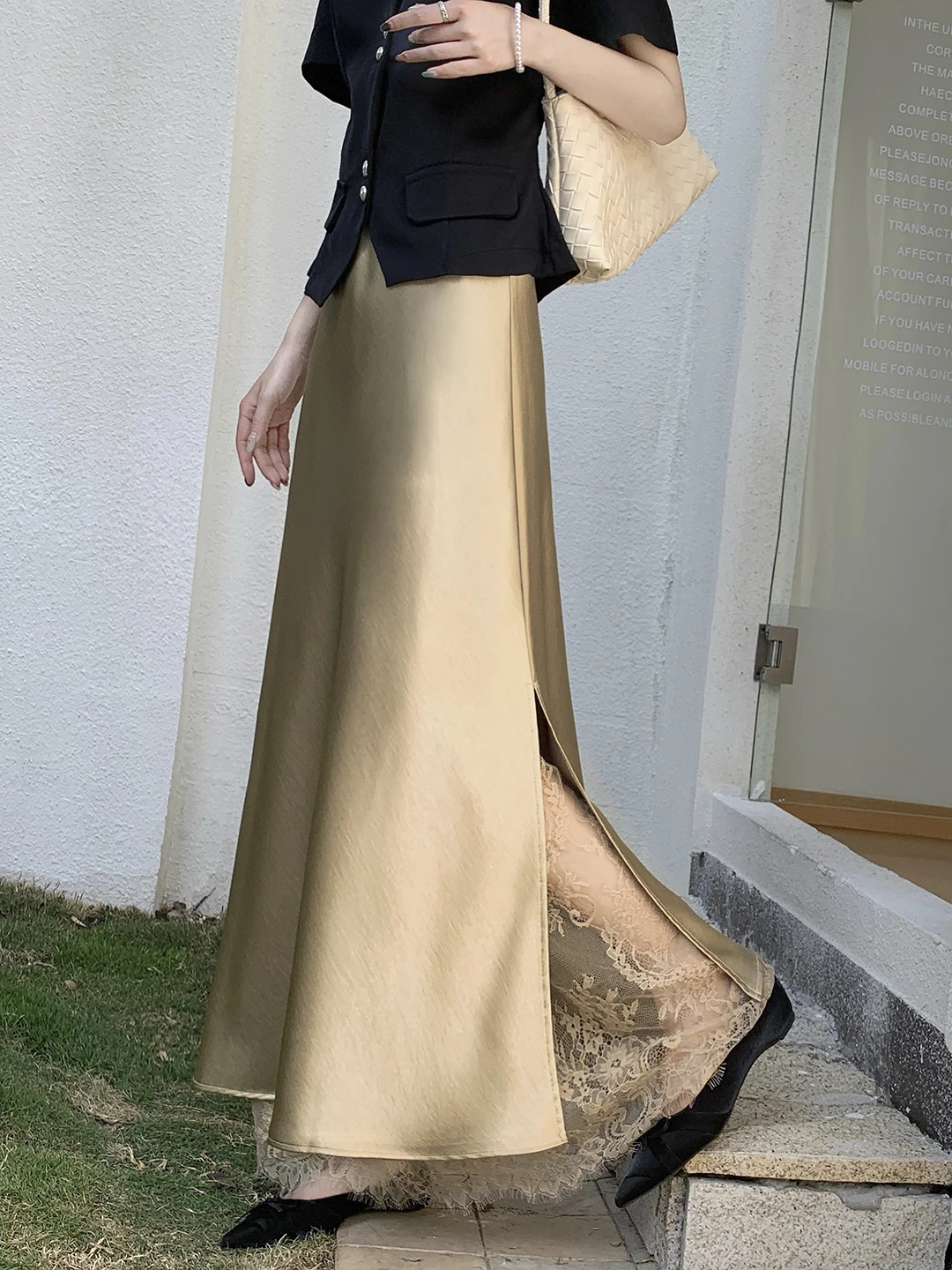 

Юбка-карандаш цвета шампань из ацетатного атласа с кружевными вставками и разрезом, женская, весна-лето, с завышенной талией, облегающая, в корейском стиле, для офиса