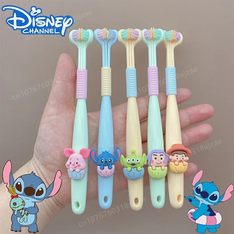 Cepillo de dientes de tres caras para niños, serie Disney, Mickey Stitch, Kawaii cerdas suaves de dibujos animados, herramientas de Limpieza de dientes de escuela primaria