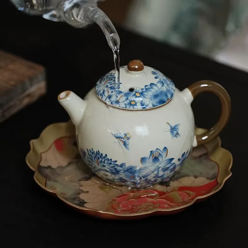 Retro Brass Teapot with Lotus Pond Pad Chinese Tea Set Handmade Portable Pot for Tea Ceremony Happy Color Design Traditional