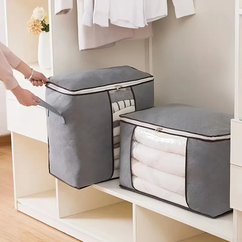 1pcComforter Bags With Zipper, Large Clothes Storage Bag, Clothes Organizer With Handle Clear Window, Storage Bins Containers Fo