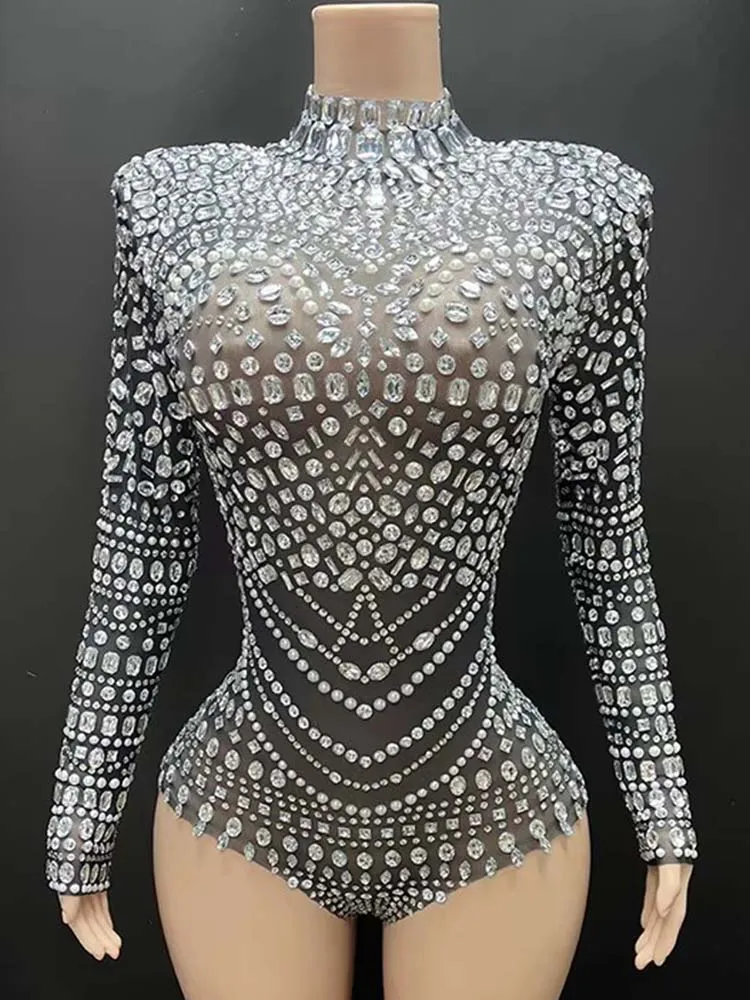 

High Quality Hot Stamping Sexy See Through Mesh Elastic Jumpsuit 2025 New Fashion Custom Women'S Clothing