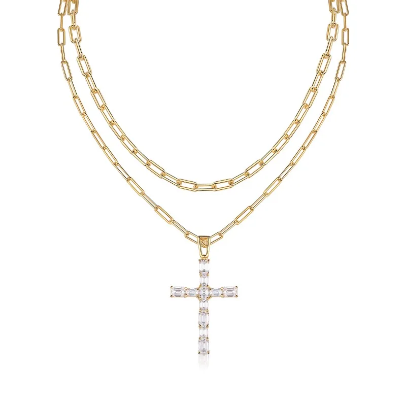 S925 Silver D Color Baguette Moissanite Cross Paperclip Chain Necklace for Women 18k Gold Plated Splicing Necklaces Pass Tester