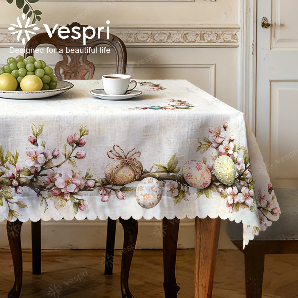 Vespri Frühlingstischdecke Blumenmuster Ostern Pastellrosa Weiß Eier Blumen Zweige Rund Rechteckig Oval