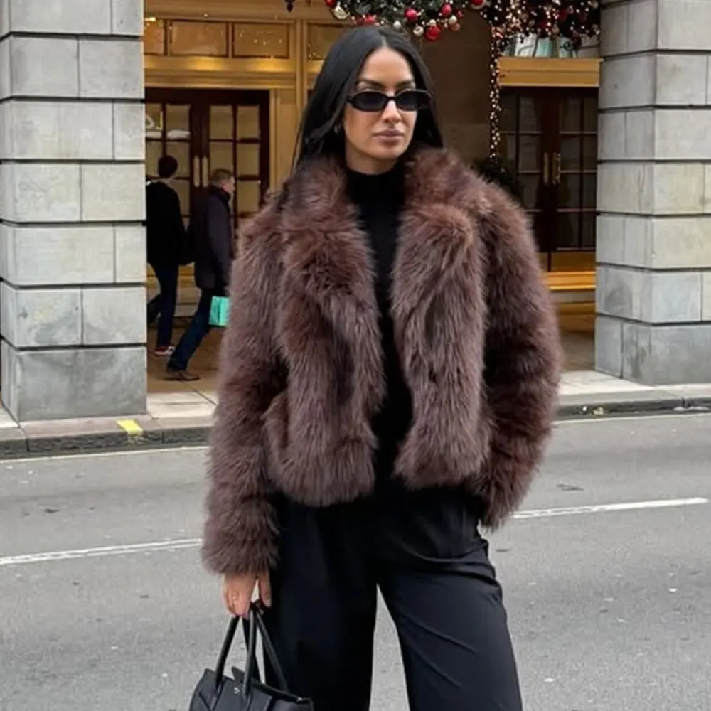 

Lapel Furry Oversize Faux Fur Coat Women Vintage Turn-down Collar Long Sleeve Loose Fitting Short Fluffy Jacket Ladies Overcoat