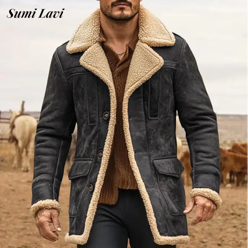 Fashionable Turn-down Collar Fleece Lined Mid Long Coats Jackets For Male Mens 2026 Fall Winter Warm Solid Color Maxi Outerwear