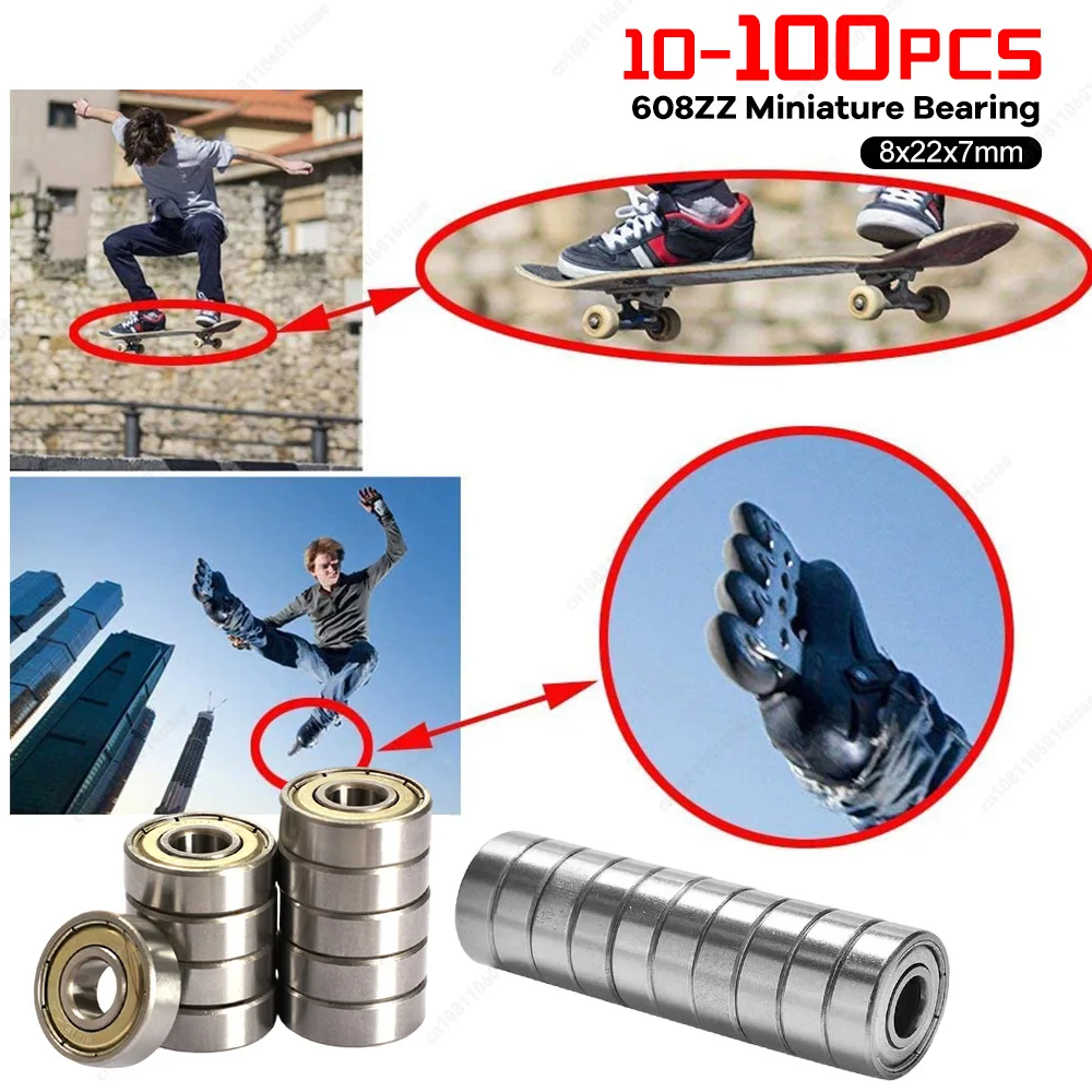 100-10pcs 608ZZ Deep Groove Ball Bearing 8x22x7mm Double Shielded High Carbon Steel Single Row 608ZZ Miniature Bearing ABEC-7