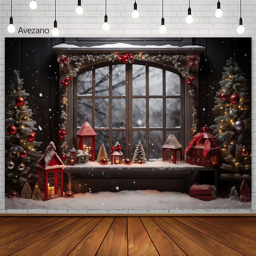 

Avezano Photography Backdrops Christmas Window Snow Xmas Tree Kids Family Photo Navidad Decoration Background Photocall Props