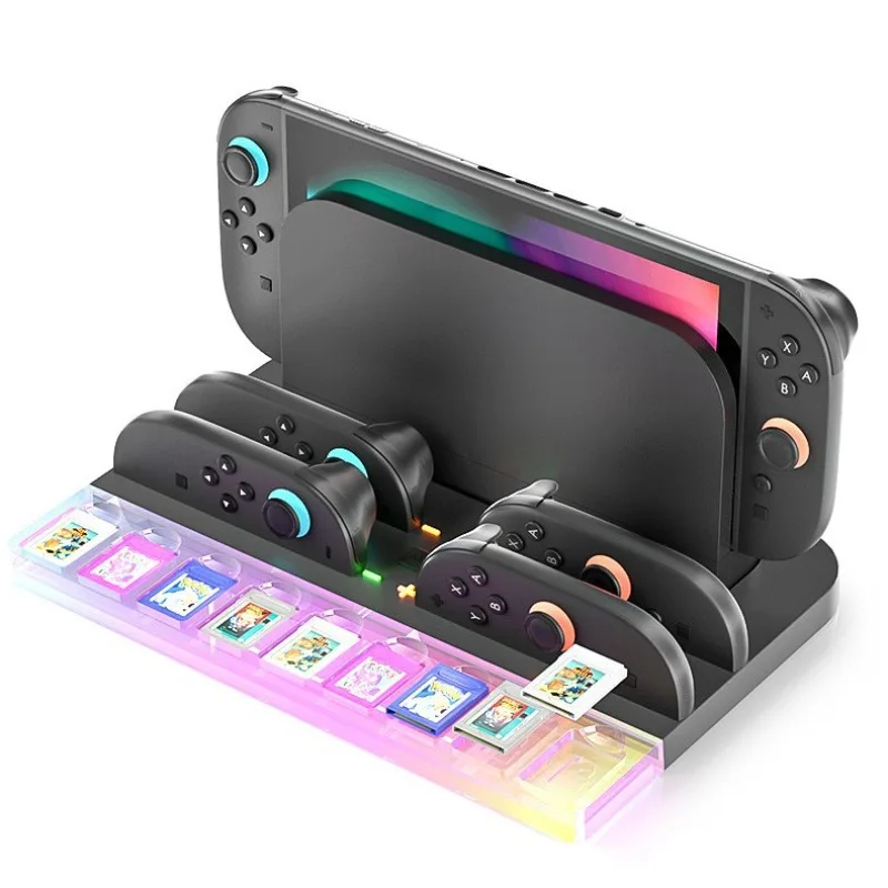Для Switch 2, передняя док-станция для хранения RGB-подсветки, держатель для 4 игровых карт JoyCon 9, материал ABS + PS со светодиодной подсветкой