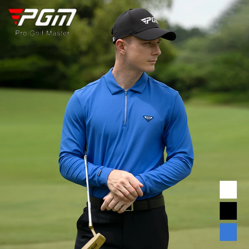 PGM Men Zipper Collar Golf Shirt Male Full Sleeve Athletic Polo Tops Men High Elastic Casual T-shirt Training Golf Clothing