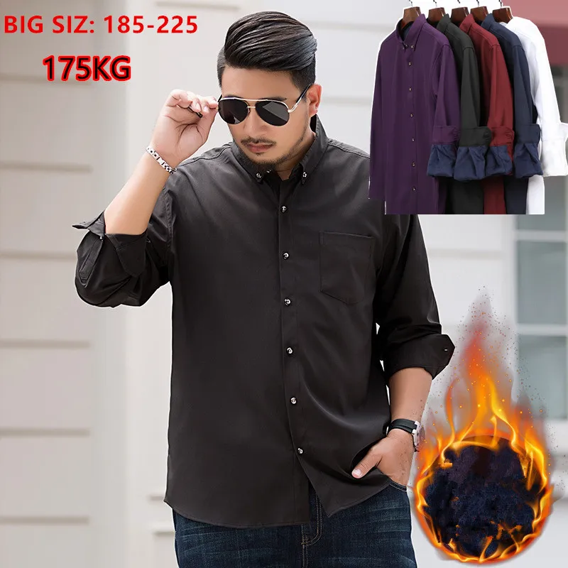 

Men Fleece Shirt Warm Thick White Long Sleeve Office Formal Clothes Male Loose Oversized 8XL 9XL 10XL Plus Size Work Blouse