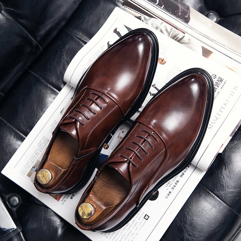 Men\'s Business Dress Shoes Office Leather Shoes Mens Lace-up Casual Wedding Party Shoes Fashion Men Flats Plus Size